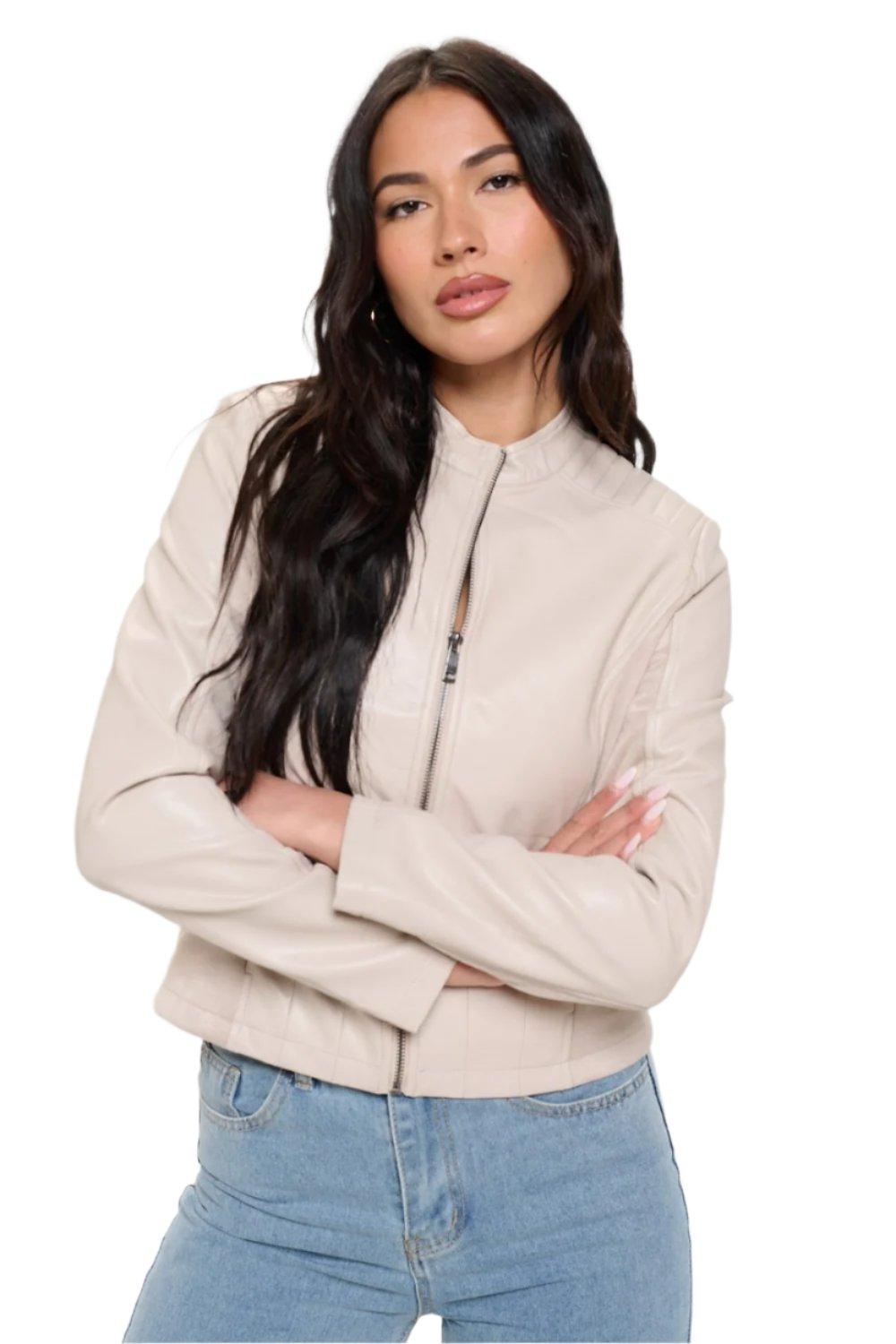 Valerie Zip Up Moto Jacket in Cream - Dapper Deluxe Fashion