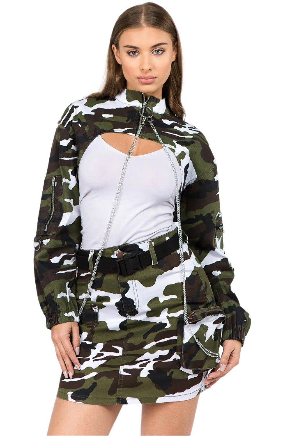 Green Camouflage Cropped Jacket with Chains - Dapper Deluxe Fashion