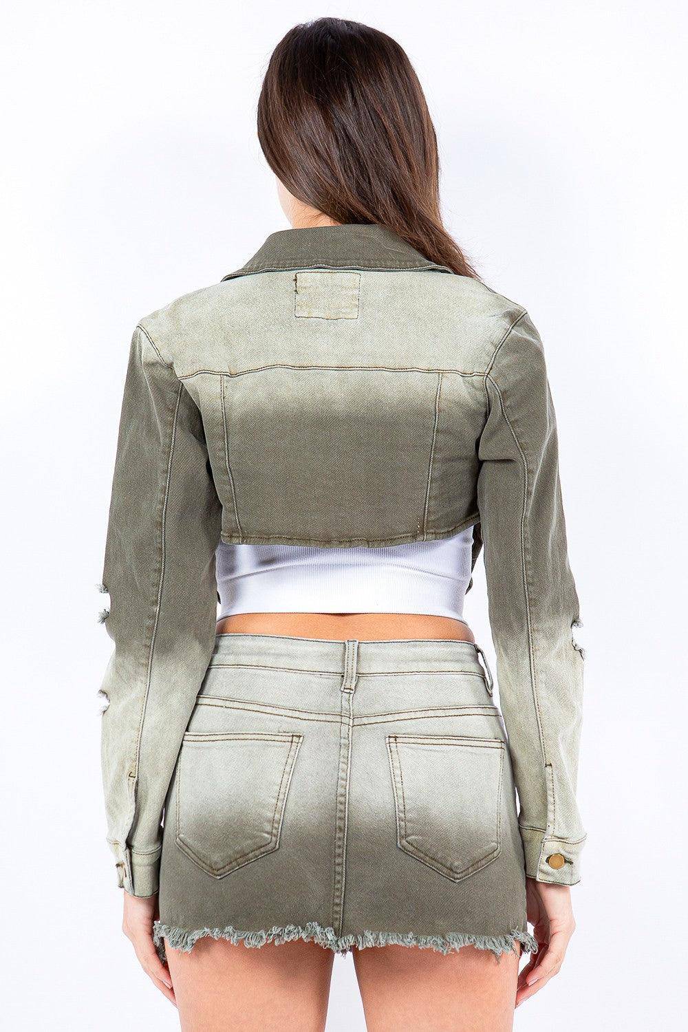 Distressed Ombre Washed Cropped Denim Jacket - Dapper Deluxe Fashion