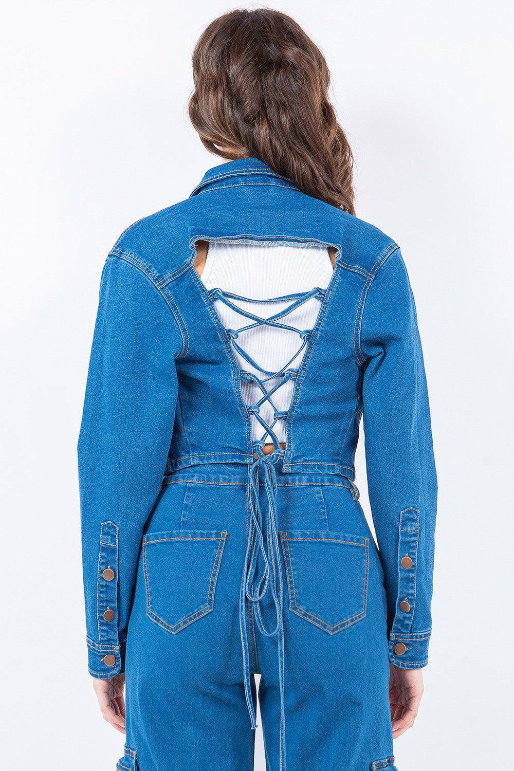 Lace Up Cropped Denim Jacket - Dapper Deluxe Fashion