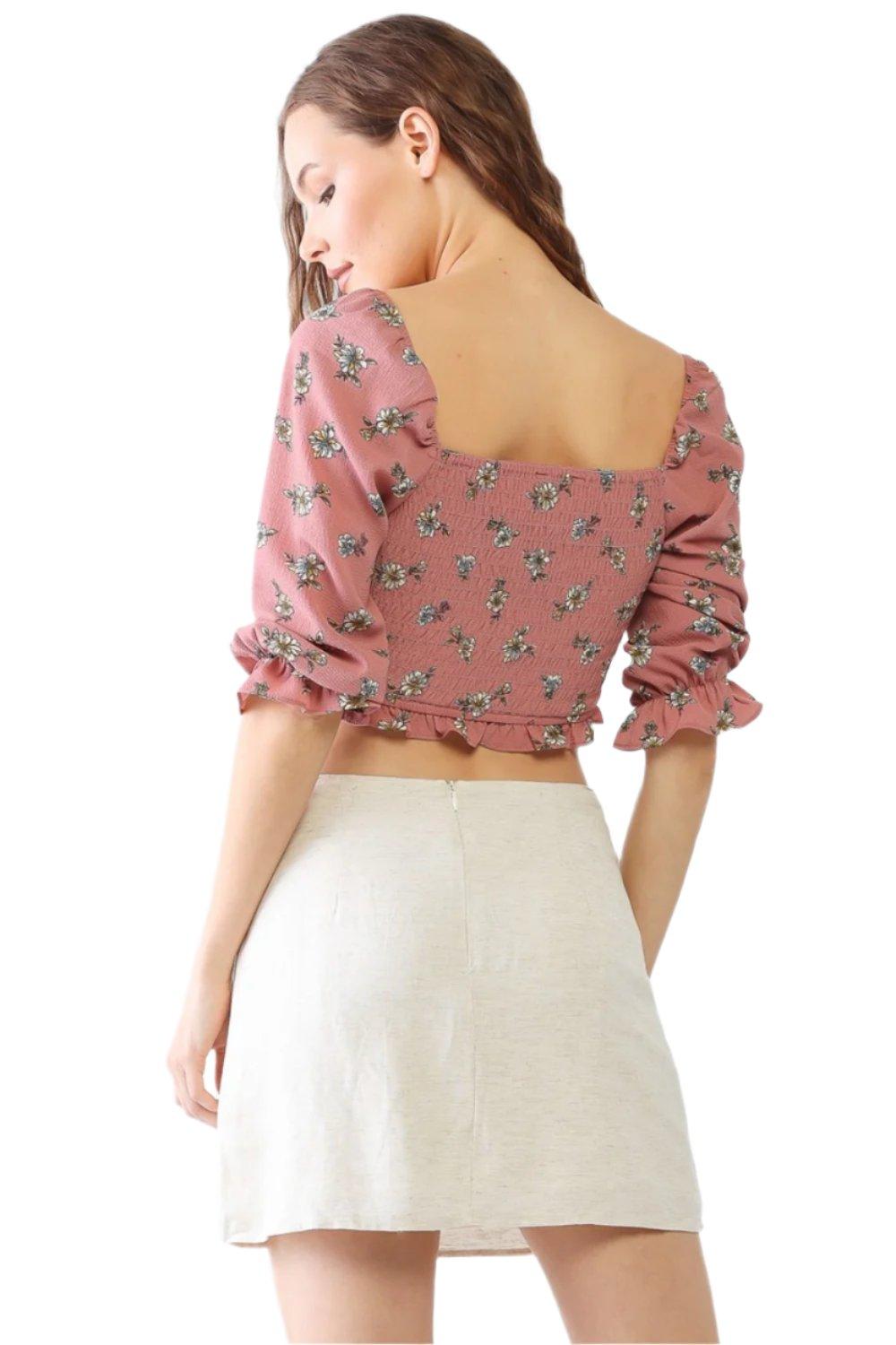 Floral Ruffle Smocked Back Ruched Crop Top - Dapper Deluxe Fashion