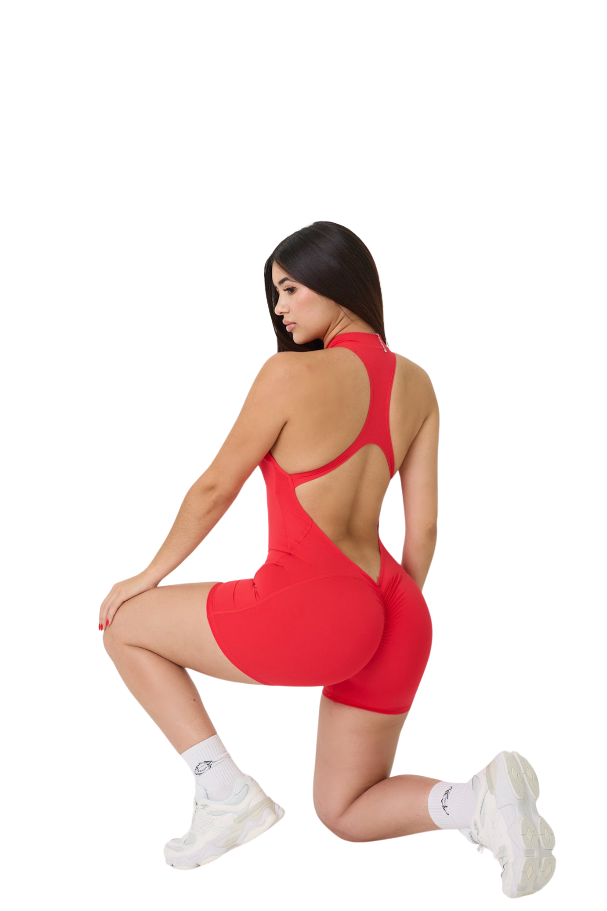 Mila Plunge-Zip Active Romper-Red