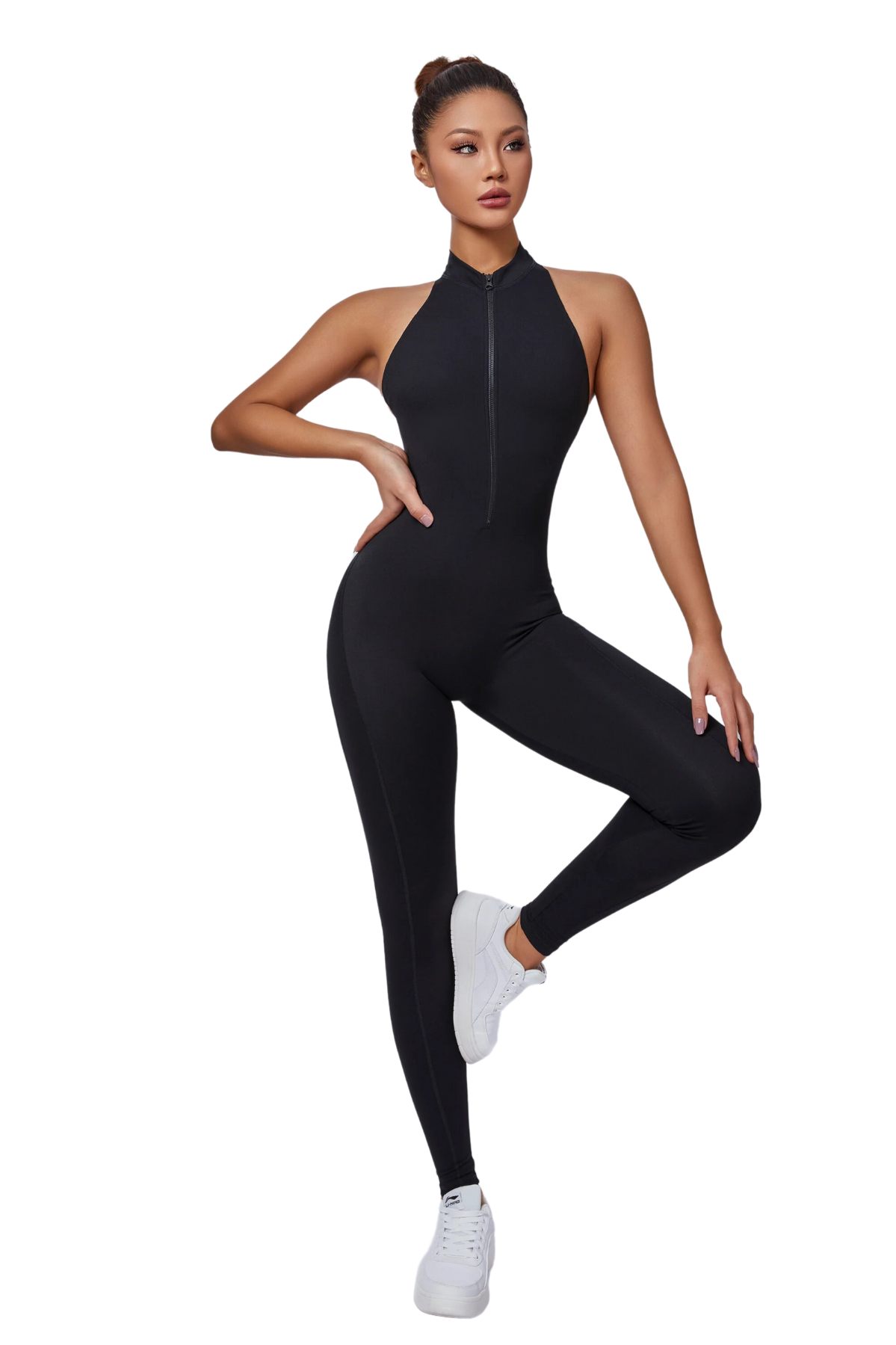 Mila Plunge-Zip Active Jumpsuit-Black