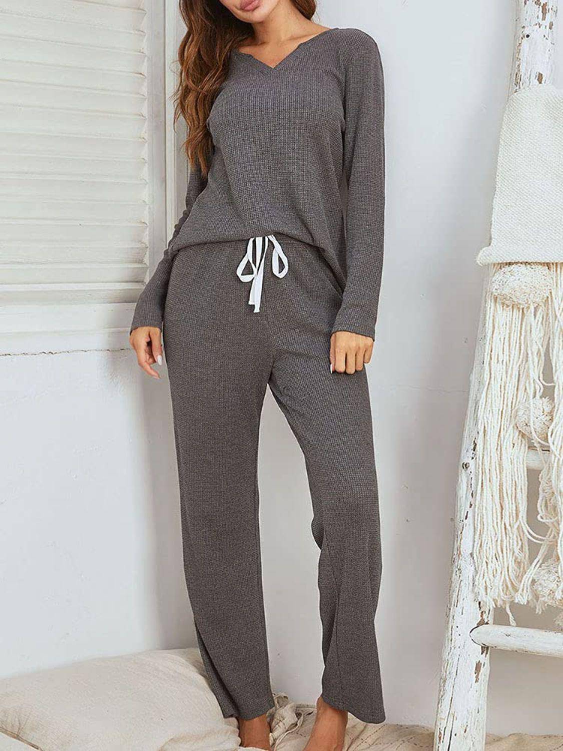 Notched Long Sleeve Top and Pants Set - Dapper Deluxe Fashion