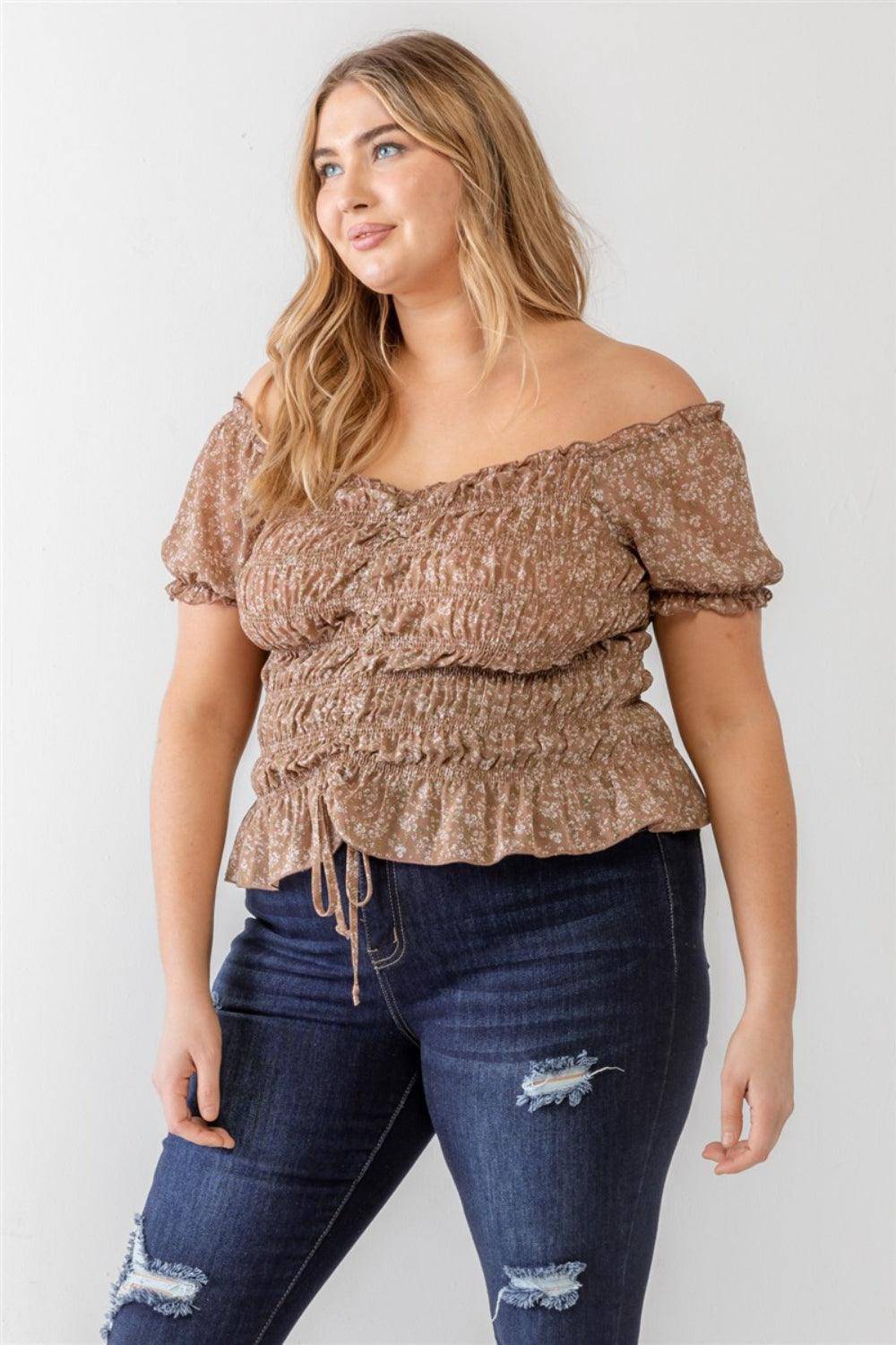 Zenobia Plus Size Frill Ruched Off-Shoulder Short Sleeve Blouse - Dapper Deluxe Fashion