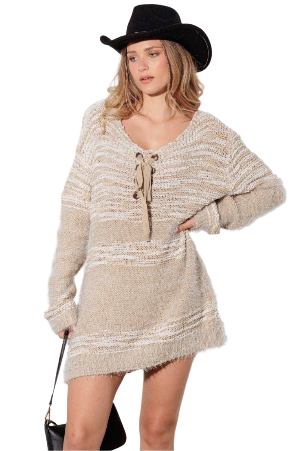 Thinkable Mixed-Stitch Front Tie Sweater Dress - Dapper Deluxe Fashion