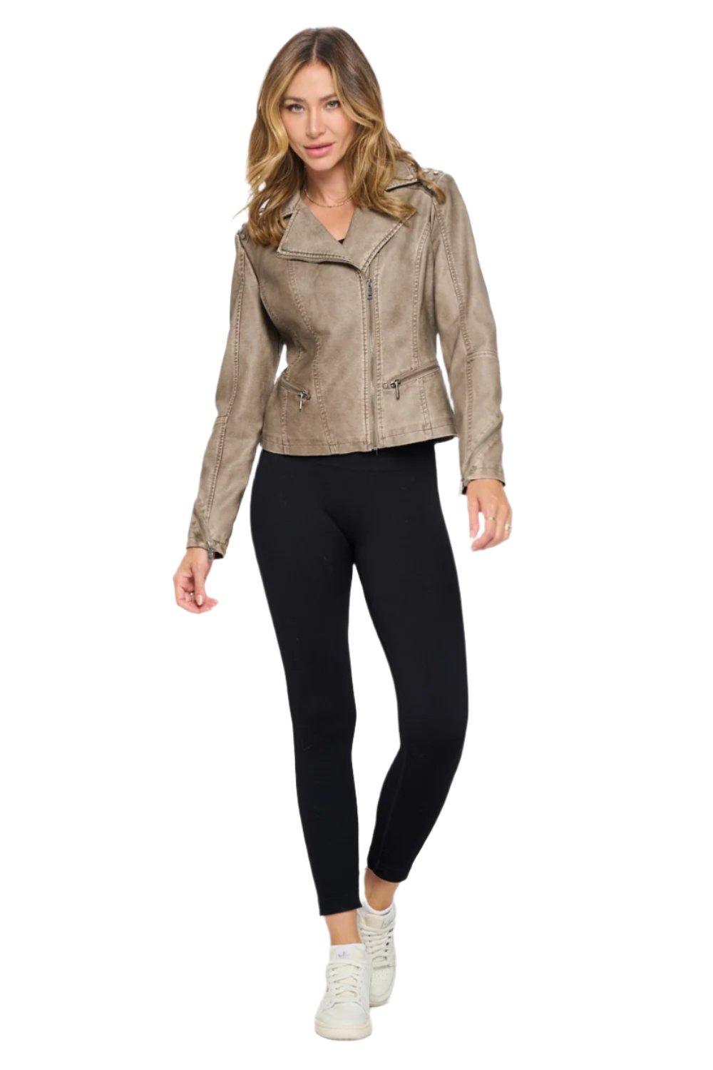 Vivienne Studded Classic Moto Faux Leather Jacket in Mocha - Dapper Deluxe Fashion