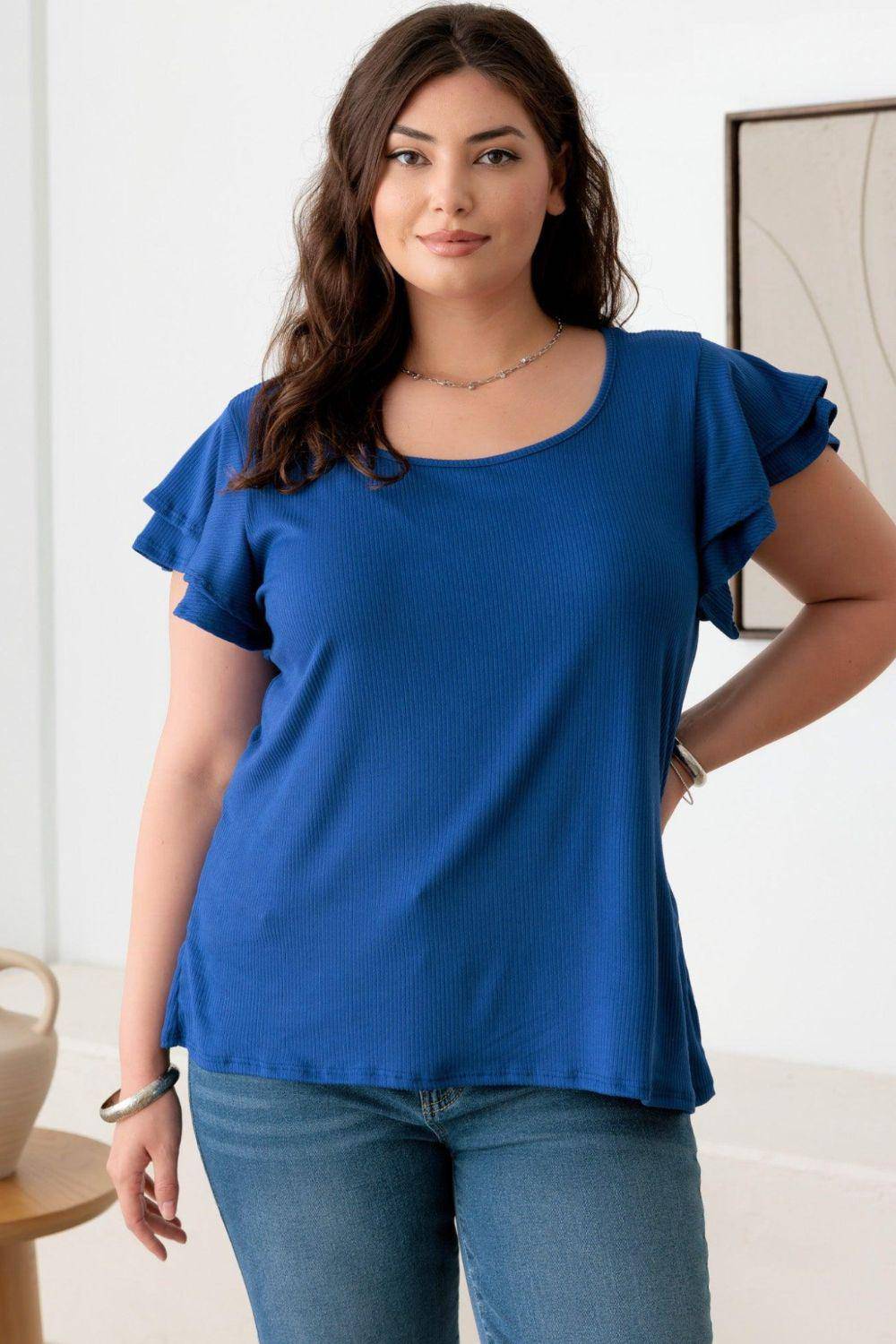 Gilli Plus Size Short Fluttery Sleeve Round Neck Top - Dapper Deluxe Fashion