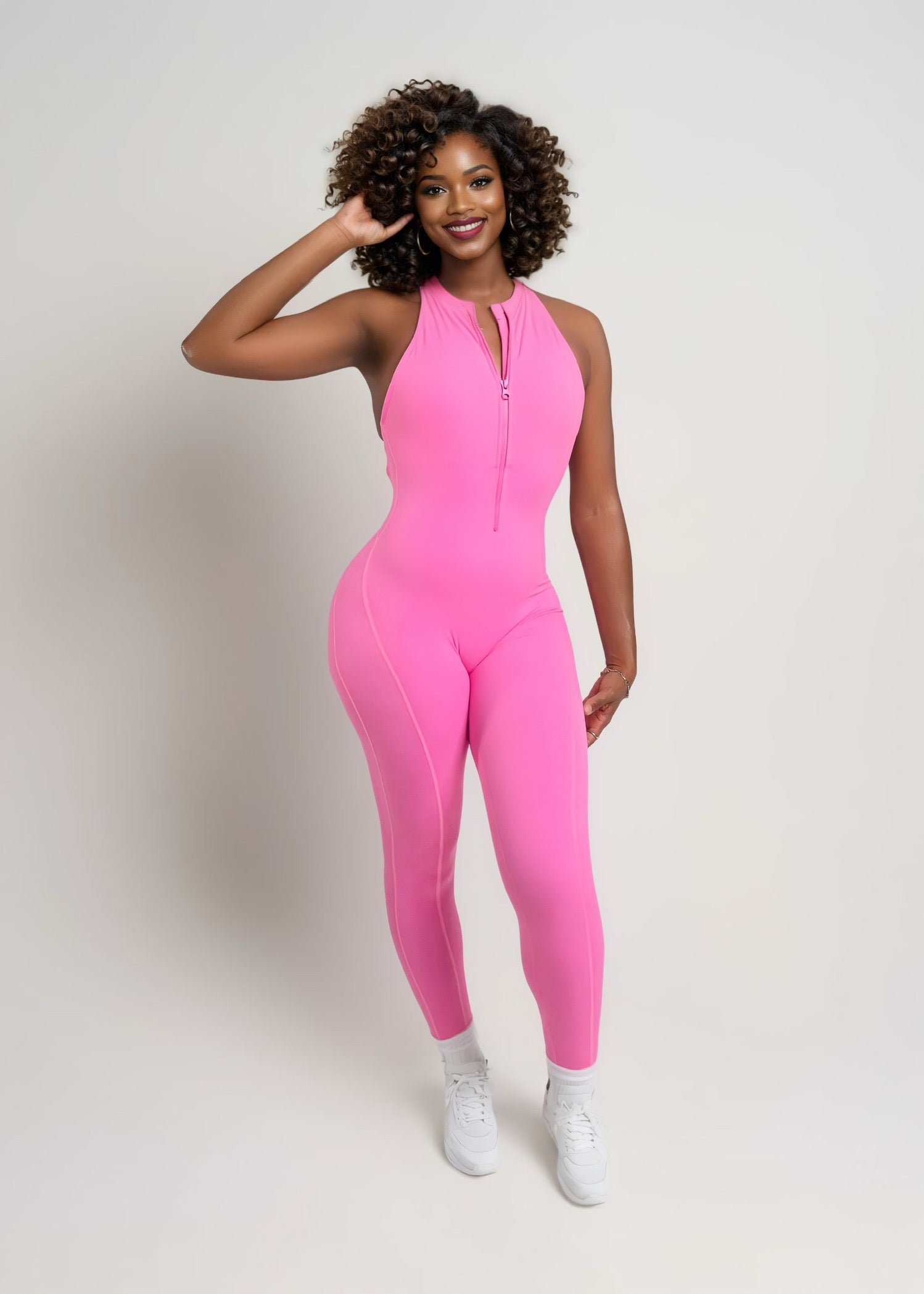 Mila Plunge-Zip Active Jumpsuit-Pink