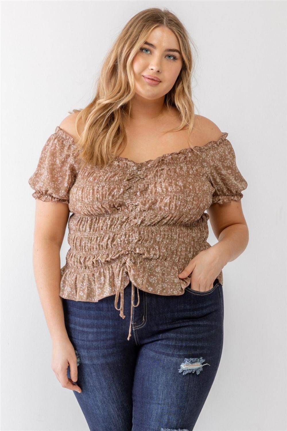 Zenobia Plus Size Frill Ruched Off-Shoulder Short Sleeve Blouse - Dapper Deluxe Fashion