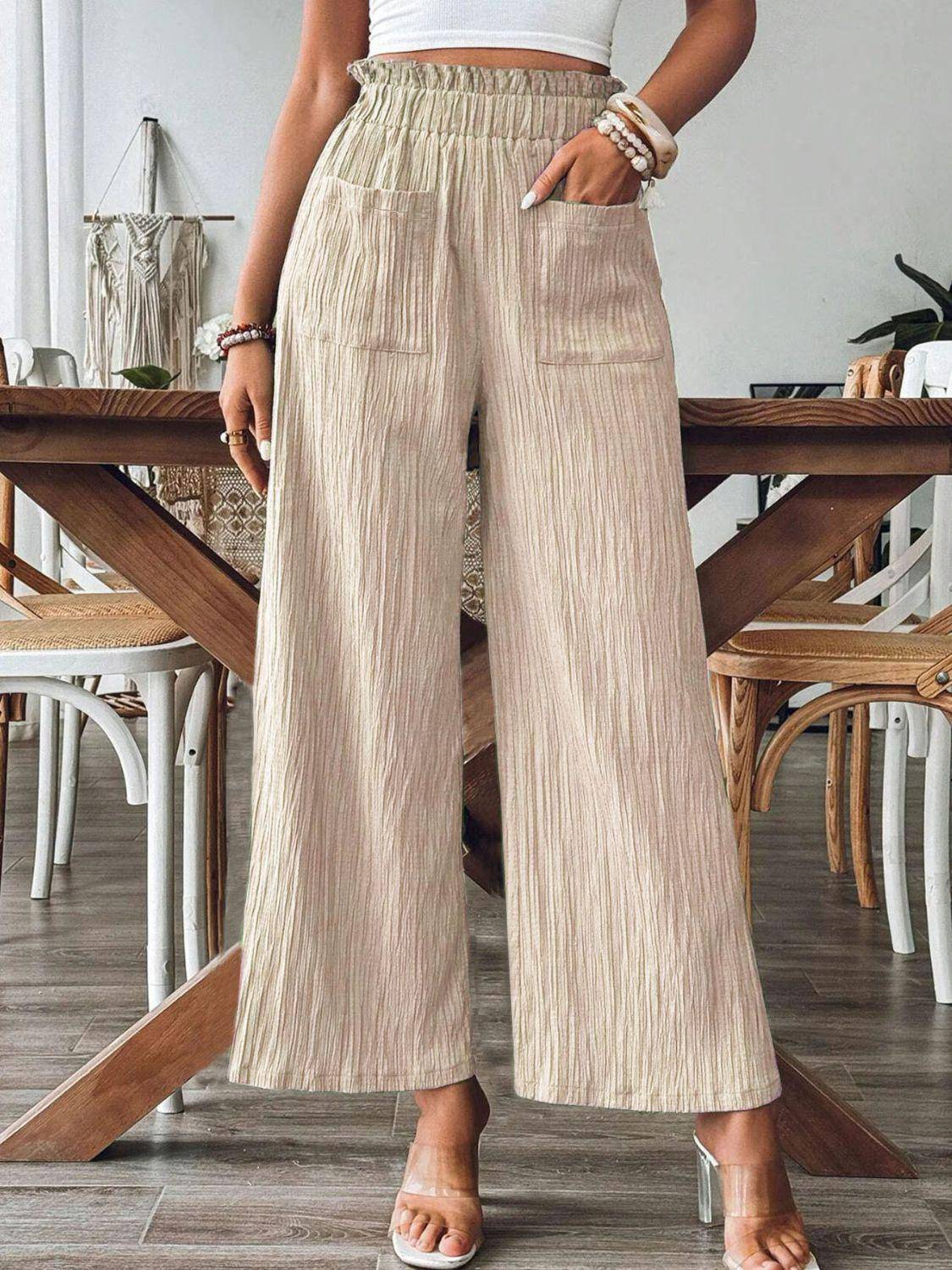 Pocketed Elastic Waist Wide Leg Pants - Dapper Deluxe Fashion