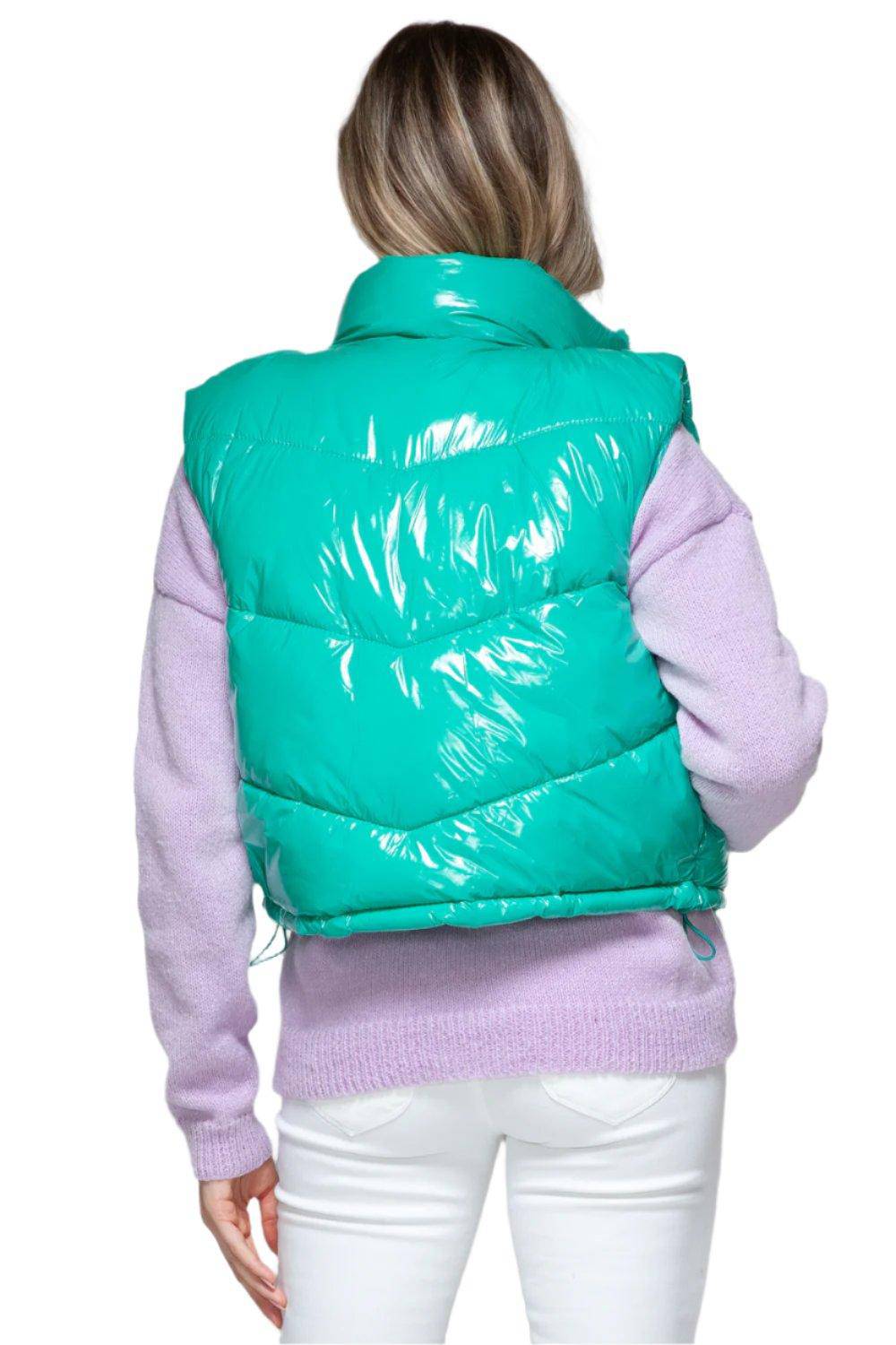 Aqua Glossy Puffer Cropped Vest - Dapper Deluxe Fashion