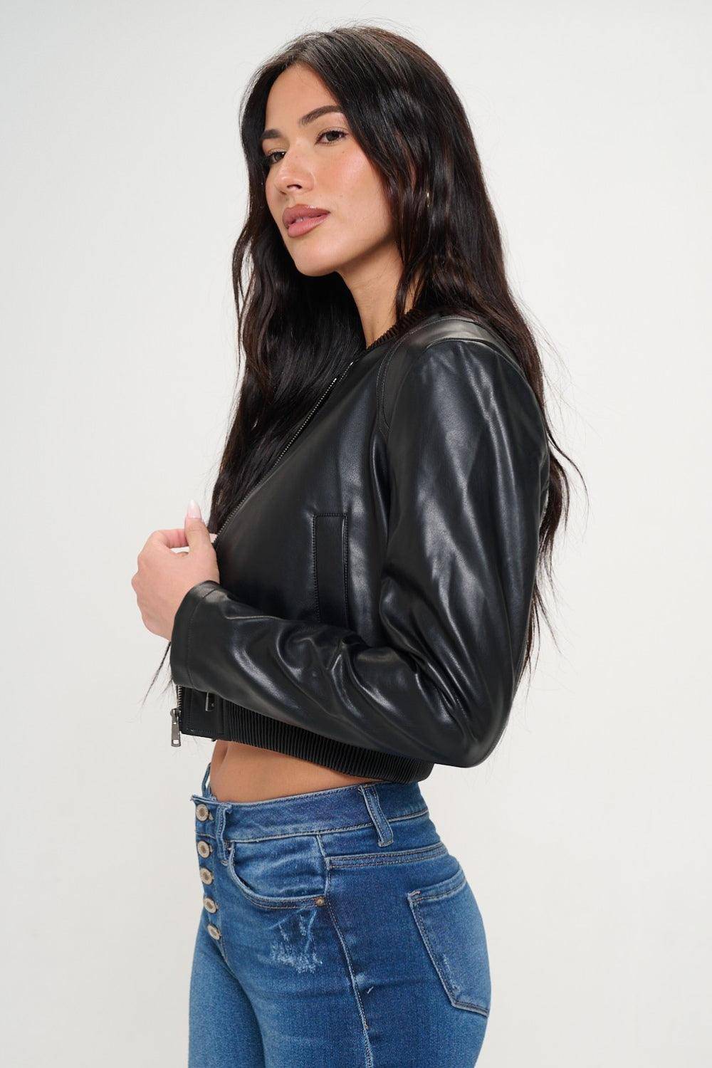 Ava Zip Up Cropped Bomber Jacket in Black - Dapper Deluxe Fashion