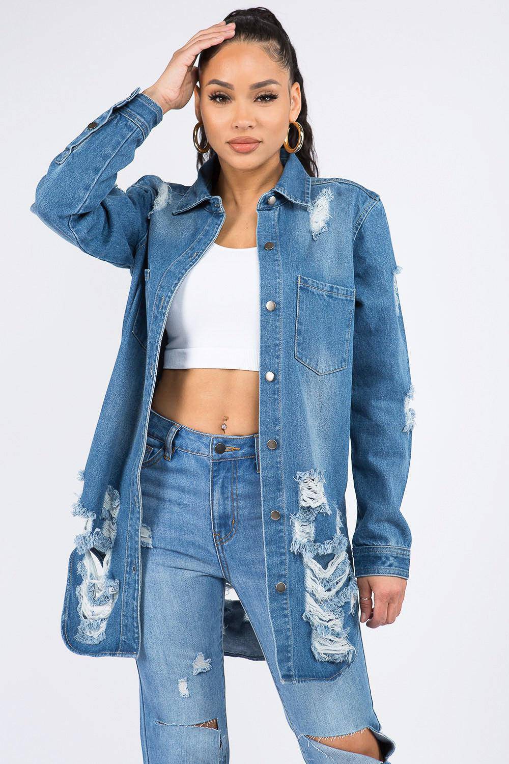 Long Distressed Denim Jacket - Dapper Deluxe Fashion