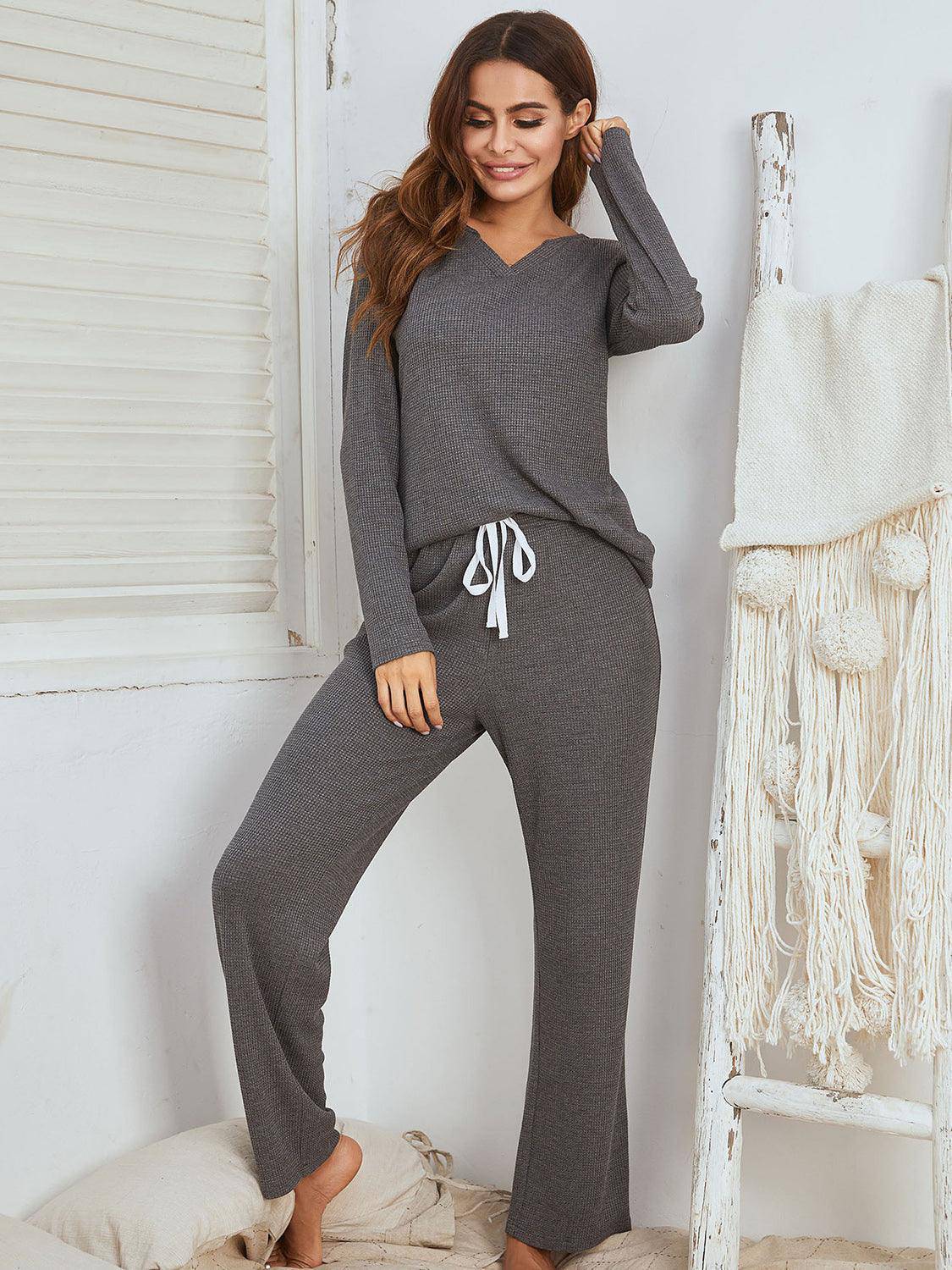 Notched Long Sleeve Top and Pants Set - Dapper Deluxe Fashion