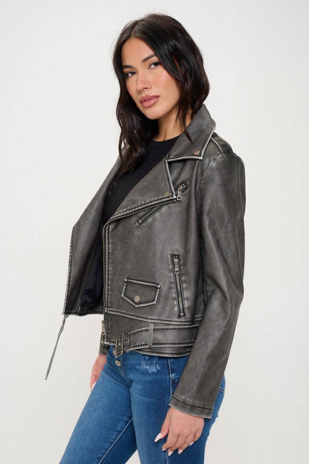 Giovanni Zip Up Biker Jacket with Belt in Black - Dapper Deluxe Fashion