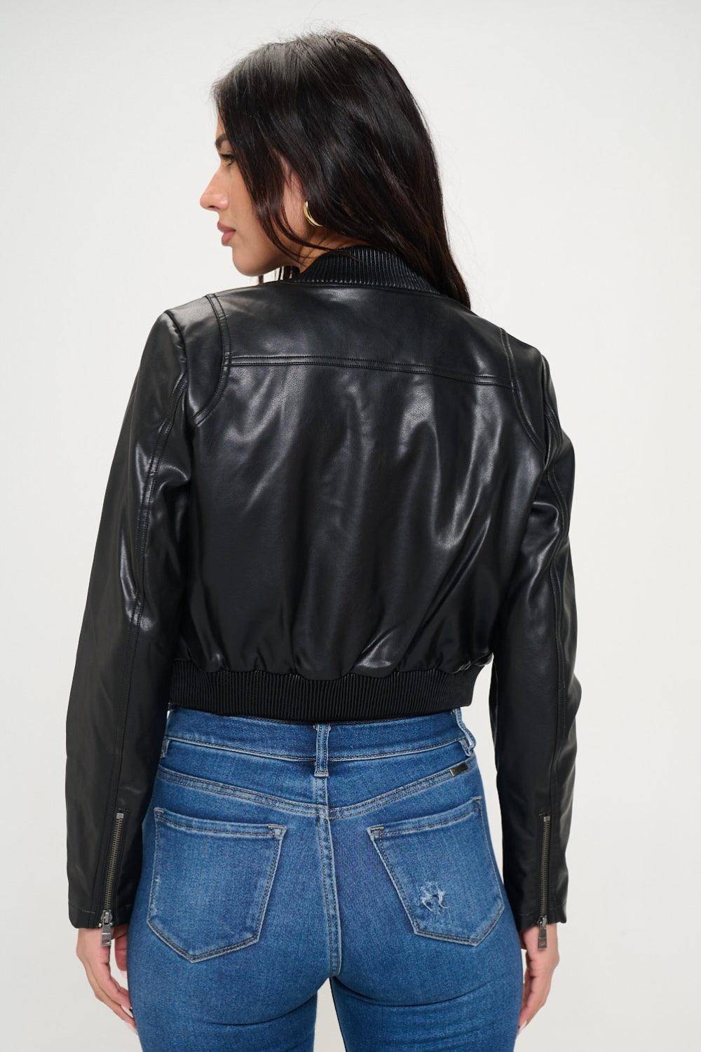 Ava Zip Up Cropped Bomber Jacket in Black - Dapper Deluxe Fashion