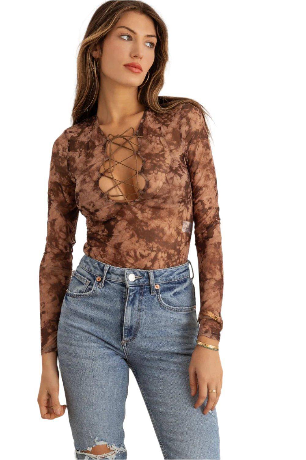 Acid Wash Mesh Lace-Up Long Sleeve Bodysuit - Dapper Deluxe Fashion