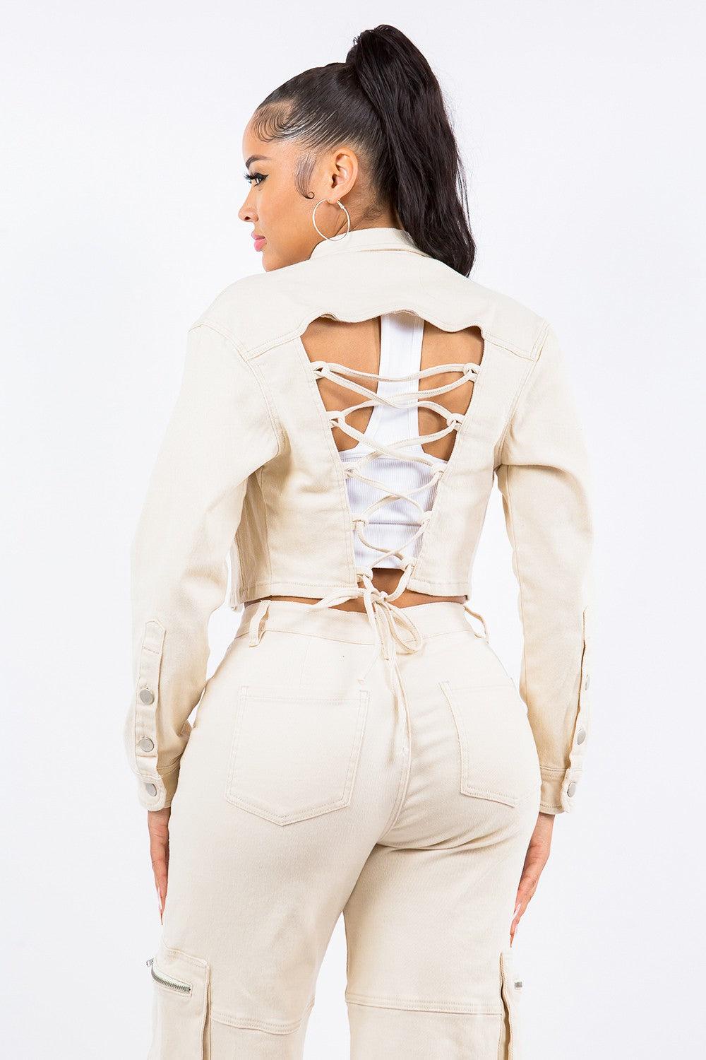 Laced Up Cropped Denim Jacket - Dapper Deluxe Fashion