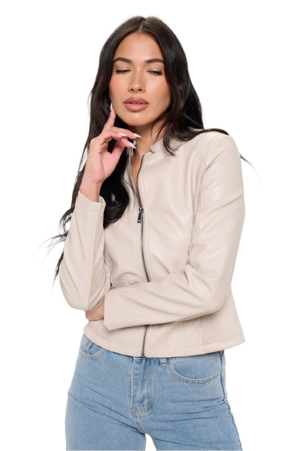 Valerie Zip Up Moto Jacket in Cream - Dapper Deluxe Fashion