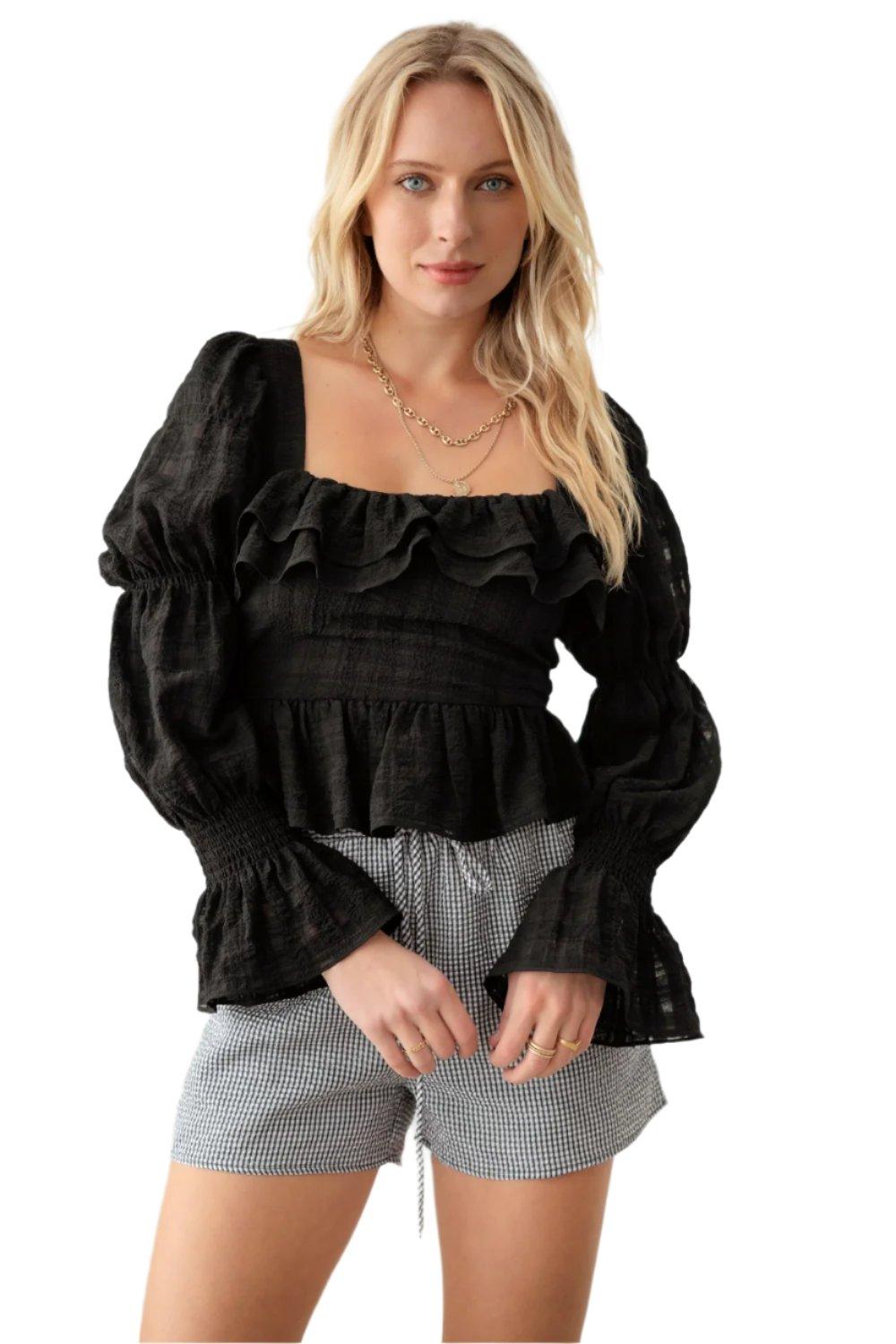 Shirred Smocked Peplum Long Sleeve Top - Dapper Deluxe Fashion