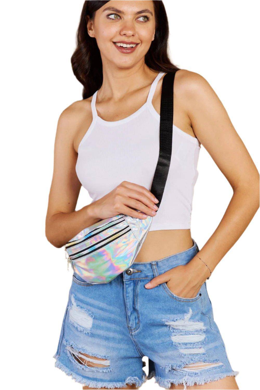 Holographic Double Zipper Fanny Pack in Silver - Dapper Deluxe Fashion