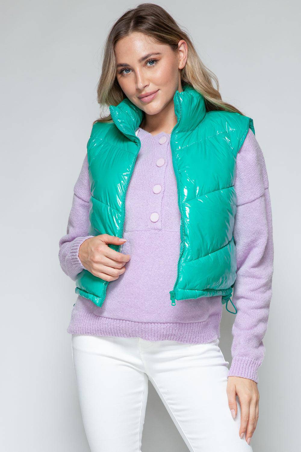 Aqua Glossy Puffer Cropped Vest - Dapper Deluxe Fashion