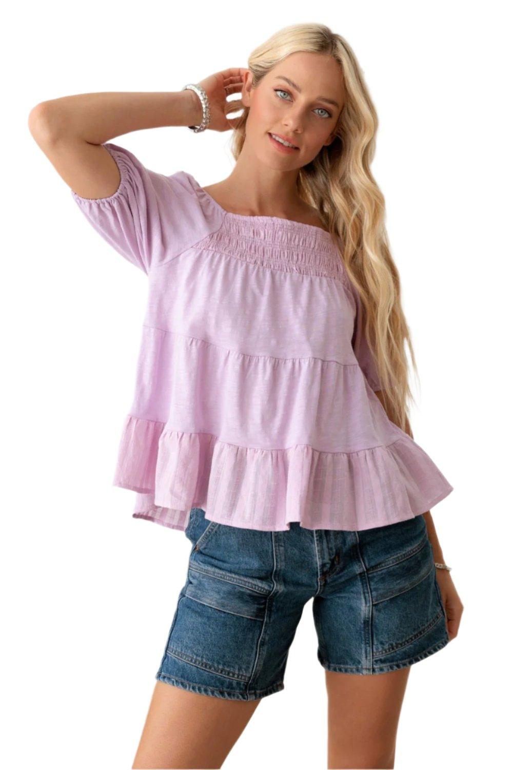 Puff Sleeve Smocked Ruffle Hem Top - Dapper Deluxe Fashion