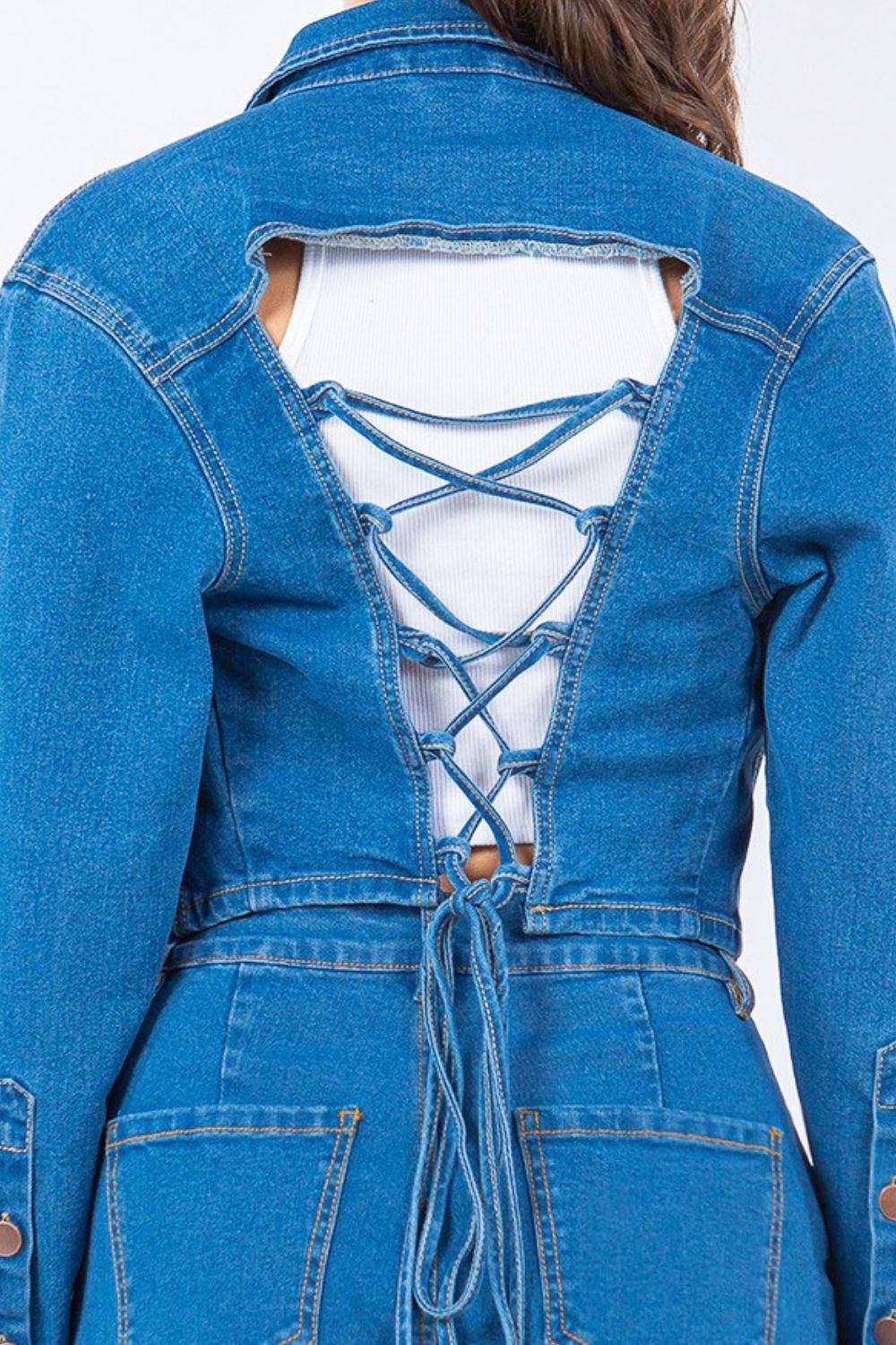 Lace Up Cropped Denim Jacket - Dapper Deluxe Fashion