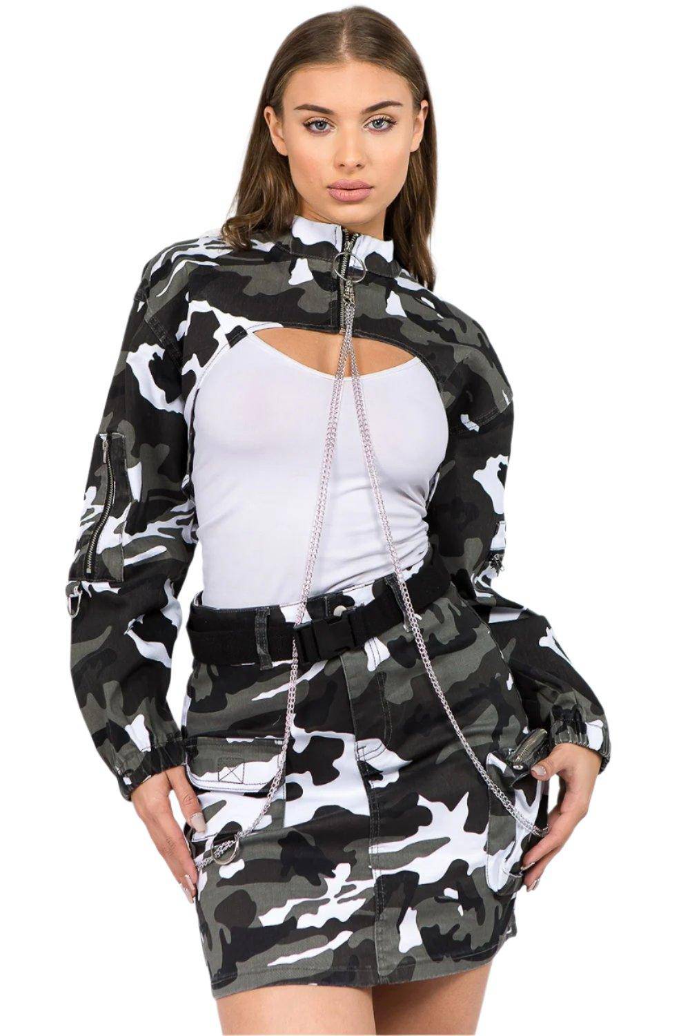 Camouflage Cropped Jacket with Chains - Dapper Deluxe Fashion