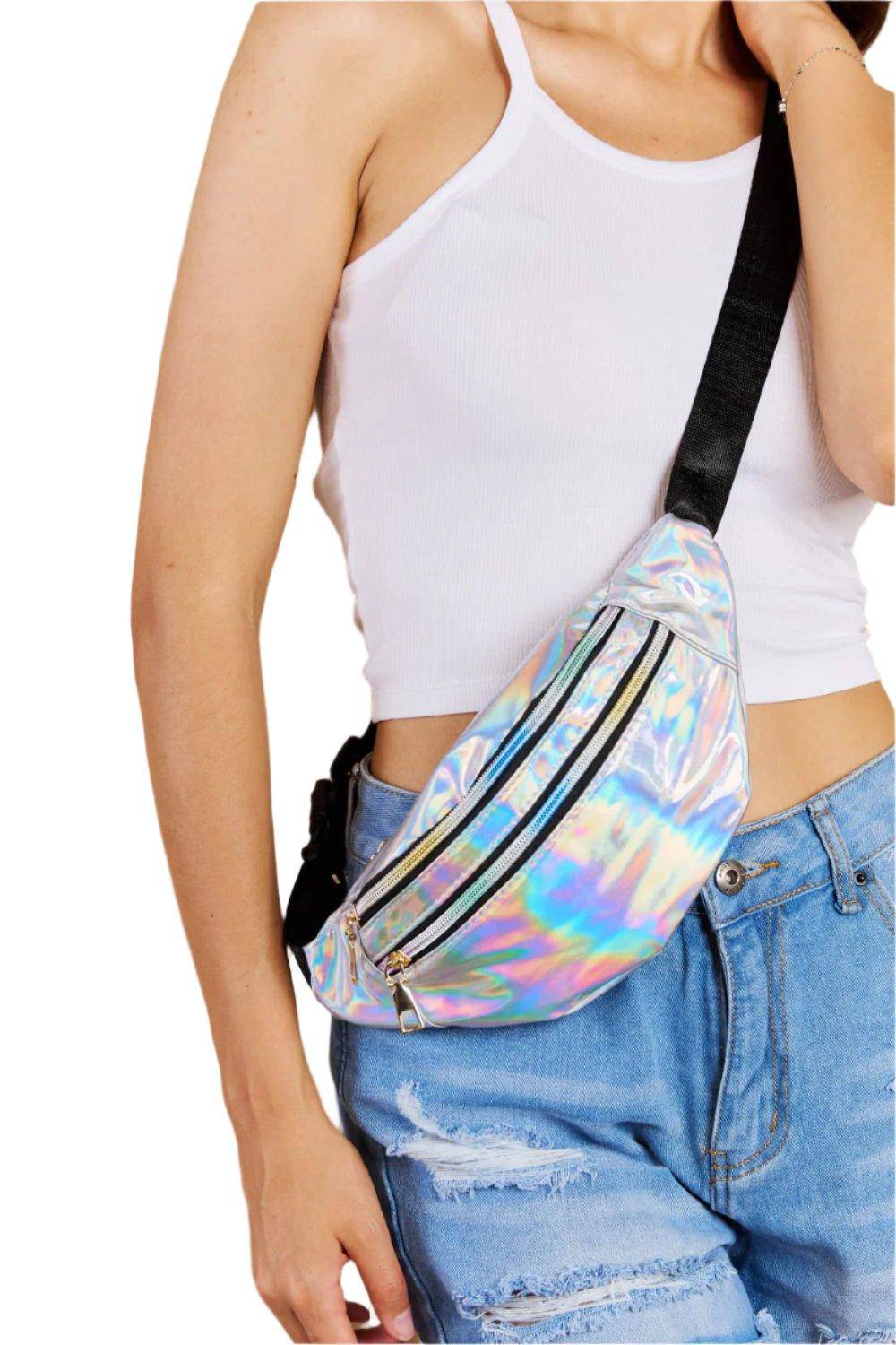 Holographic Double Zipper Fanny Pack in Silver - Dapper Deluxe Fashion