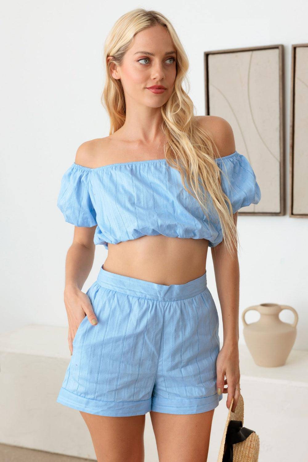 Le Lis Off Shoulder Crop Top and High Waist Shorts Set - Dapper Deluxe Fashion