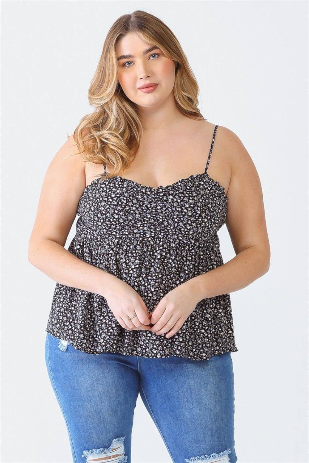 Zenobia Plus Size Frill Smocked Floral Sweetheart Neck Cami - Dapper Deluxe Fashion