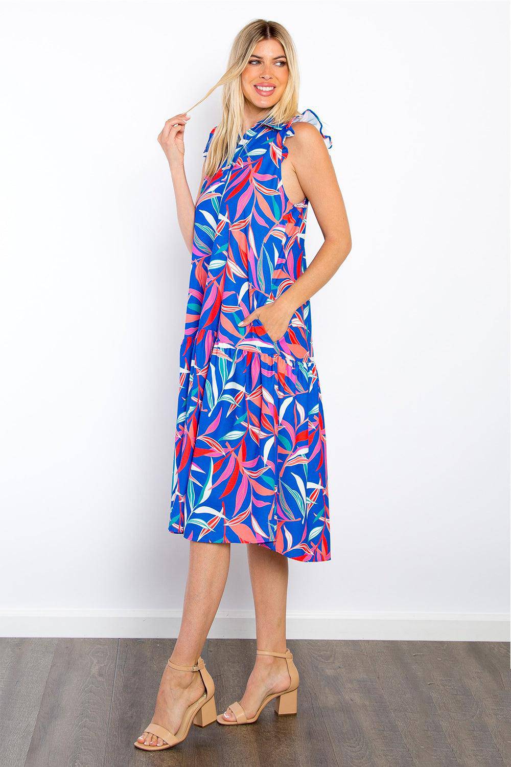 Be Stage Print Ruffled Midi Dress with Pockets - Dapper Deluxe Fashion