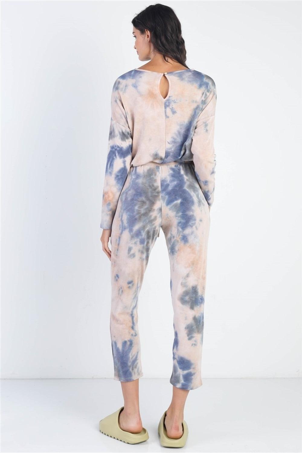 Cherish Apparel Tie-Dye Round Neck Long Sleeve Jumpsuit - Dapper Deluxe Fashion