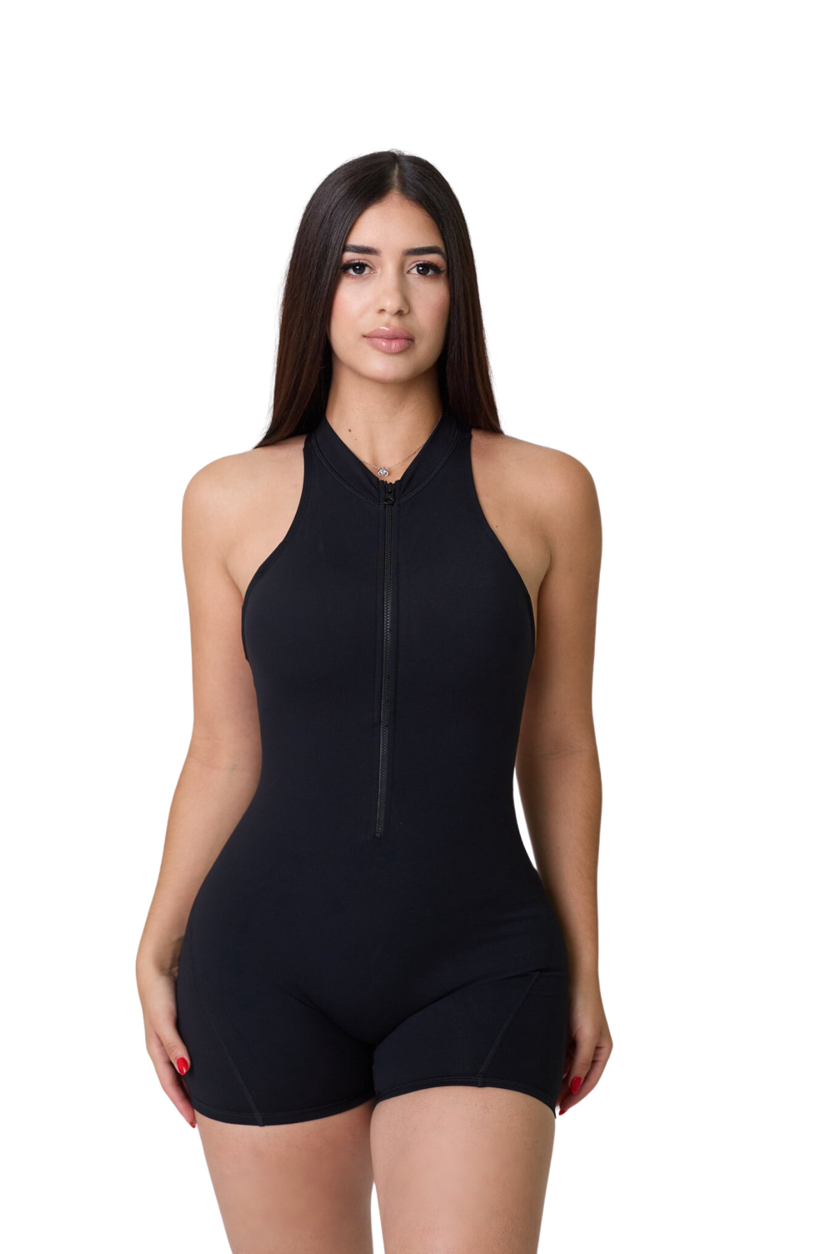 Mila Plunge-Zip Active Romper-Black