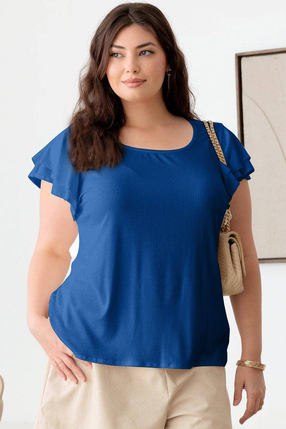 Gilli Plus Size Short Fluttery Sleeve Round Neck Top - Dapper Deluxe Fashion