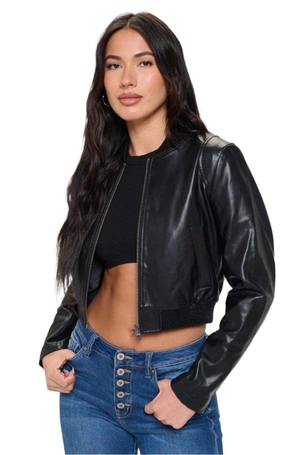 Ava Zip Up Cropped Bomber Jacket in Black - Dapper Deluxe Fashion