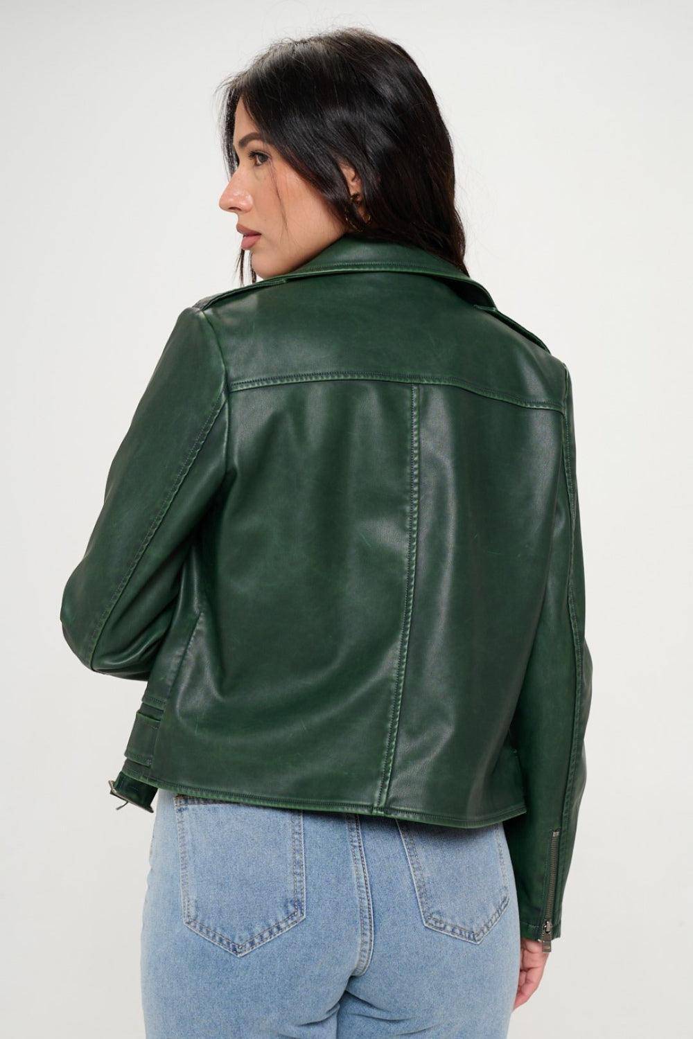 Giovanni Zip Up Biker Jacket with Belt in Green - Dapper Deluxe Fashion