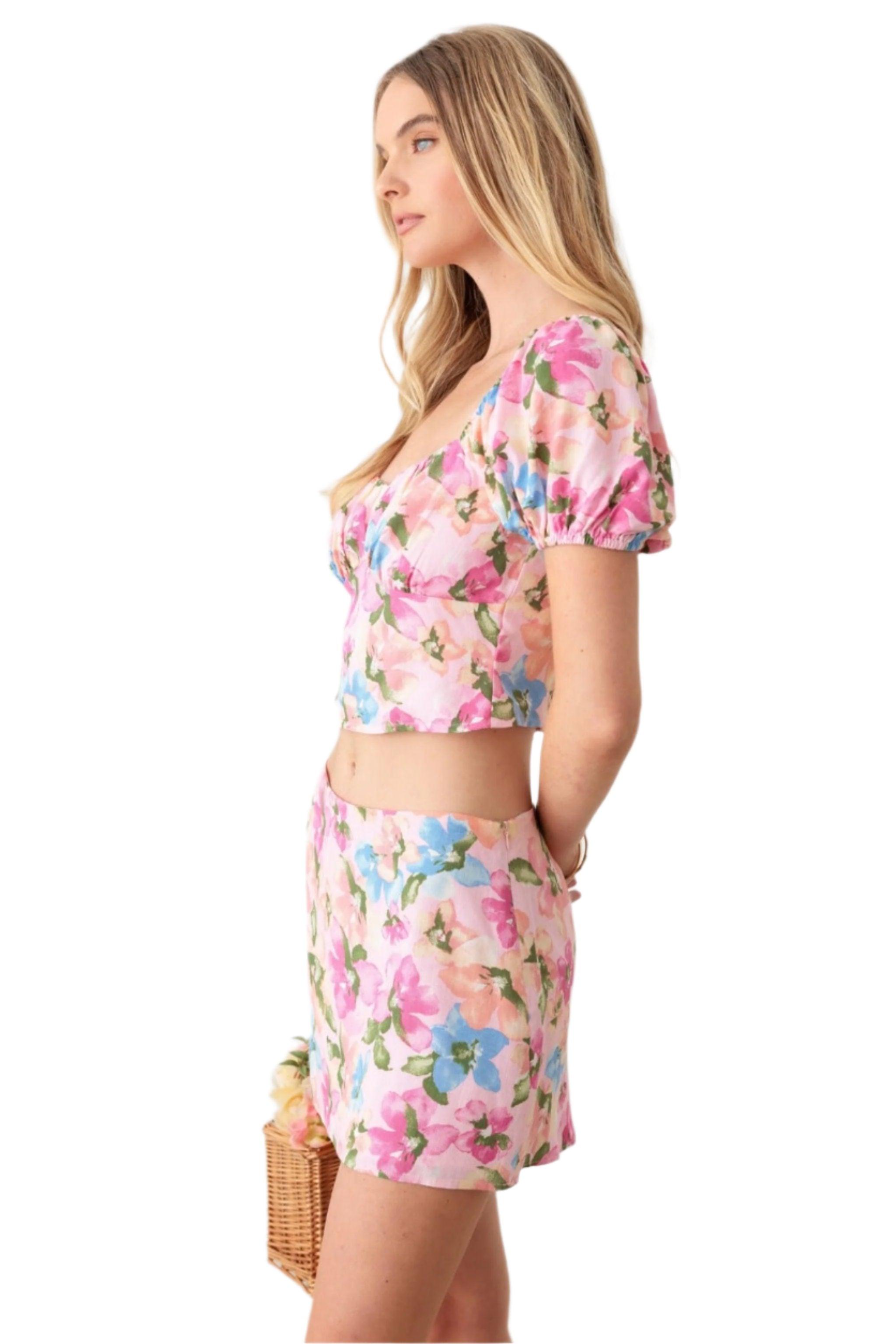 Floral Puff Sleeve Crop Top and Mini Skirt Set - Dapper Deluxe Fashion