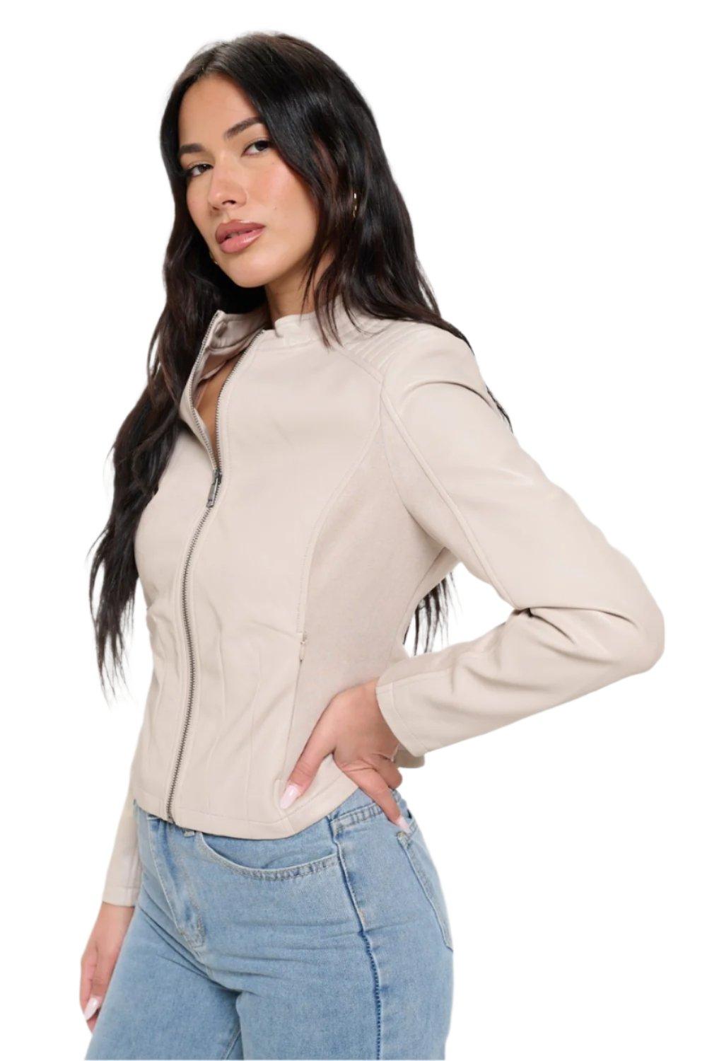 Valerie Zip Up Moto Jacket in Cream - Dapper Deluxe Fashion