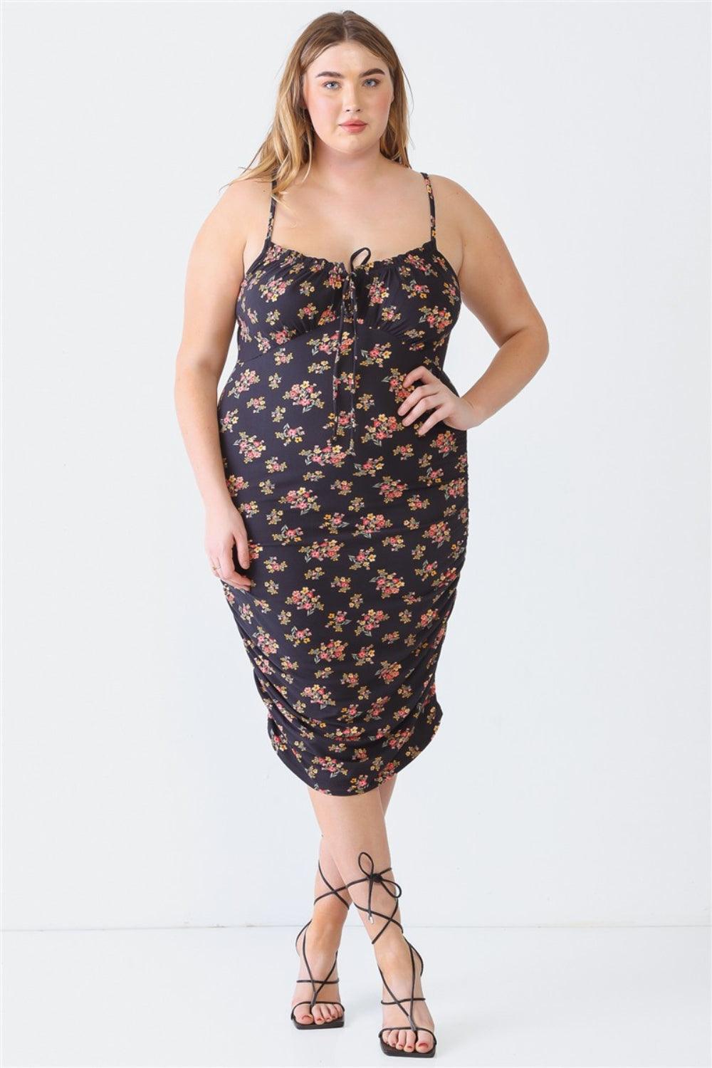 Blue Leopard Plus Size Ruched Floral Square Neck Cami Dress - Dapper Deluxe Fashion