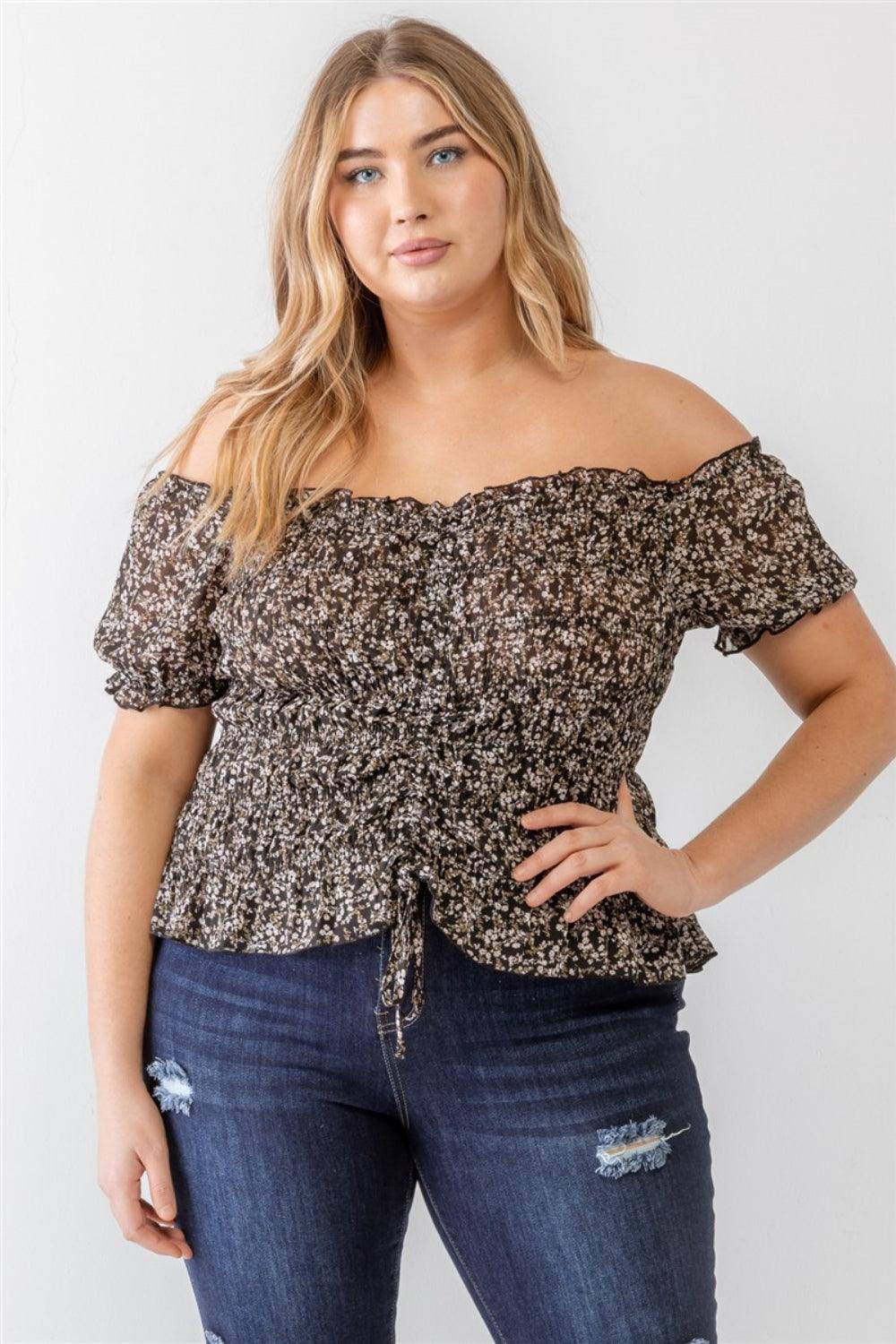 Zenobia Plus Size Frill Ruched Off-Shoulder Short Sleeve Blouse - Dapper Deluxe Fashion