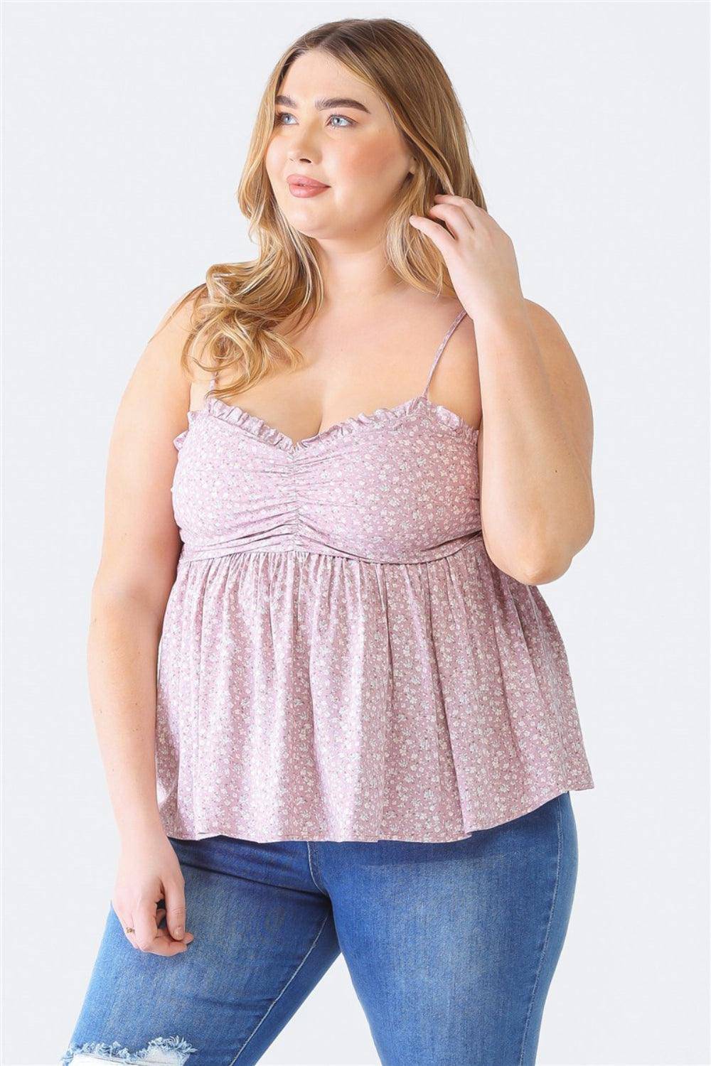 Zenobia Plus Size Frill Smocked Floral Sweetheart Neck Cami - Dapper Deluxe Fashion