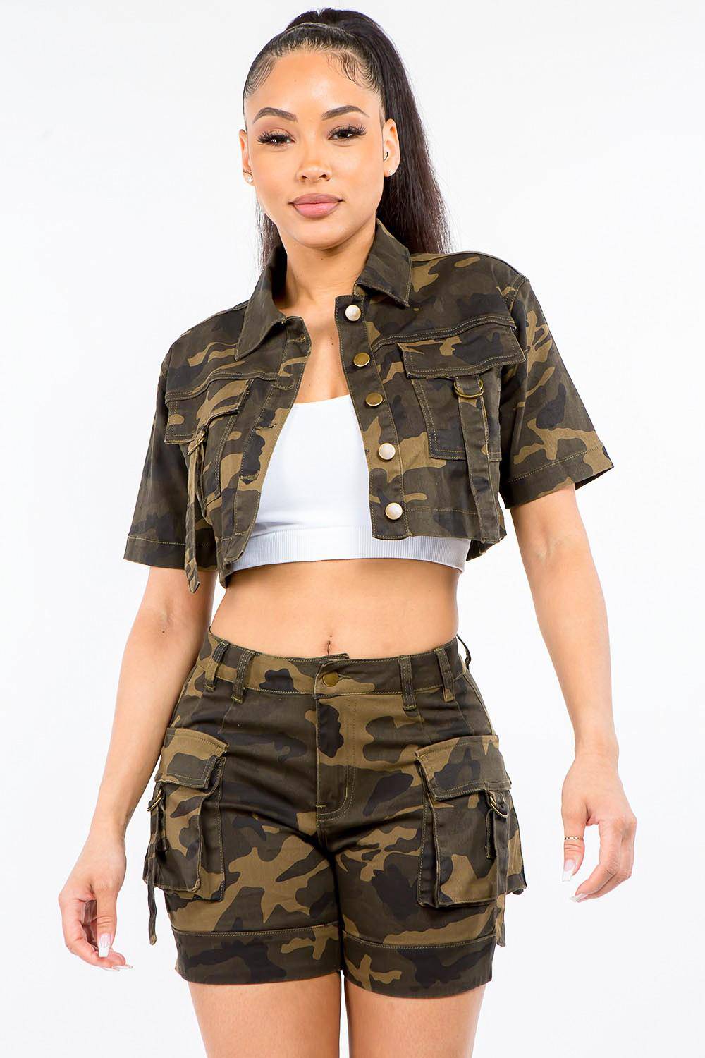 Camouflage Short Sleeve Cropped Jacket - Dapper Deluxe Fashion