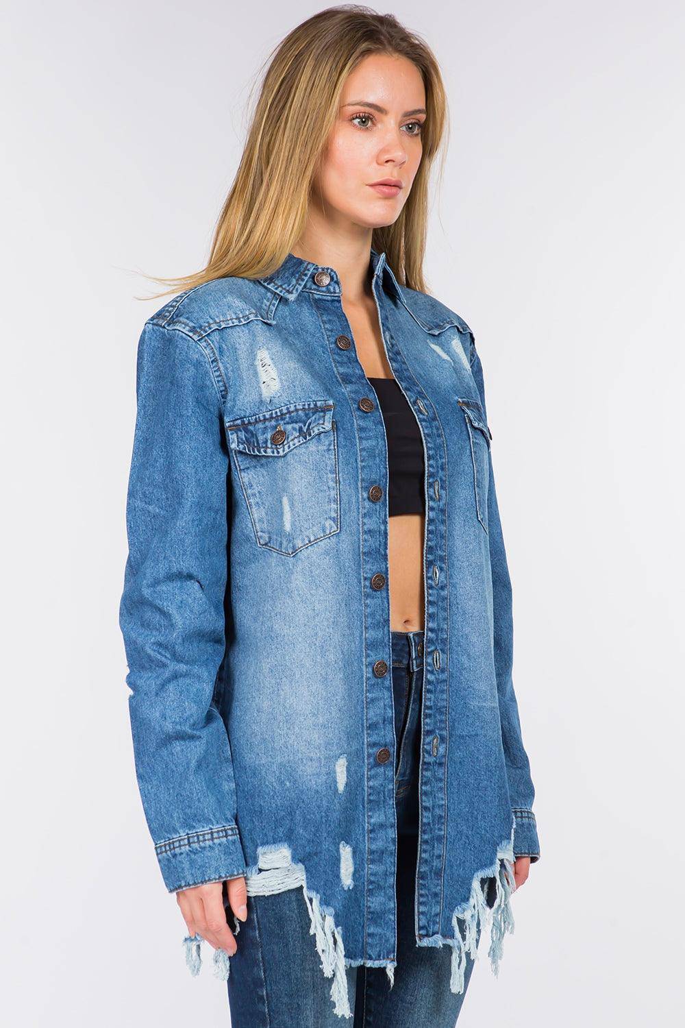 Distressed Frayed Hem Denim Jacket - Dapper Deluxe Fashion