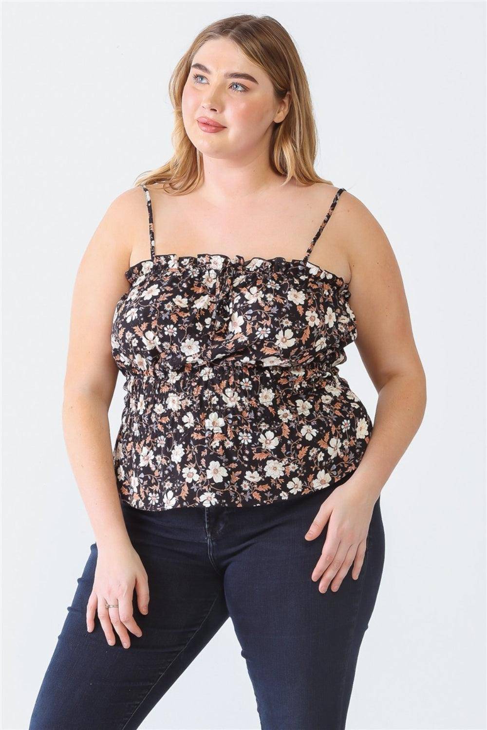 Zenobia Plus Size Frill Floral Square Neck Cami - Dapper Deluxe Fashion