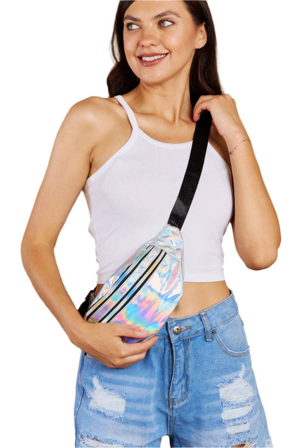 Holographic Double Zipper Fanny Pack in Silver - Dapper Deluxe Fashion