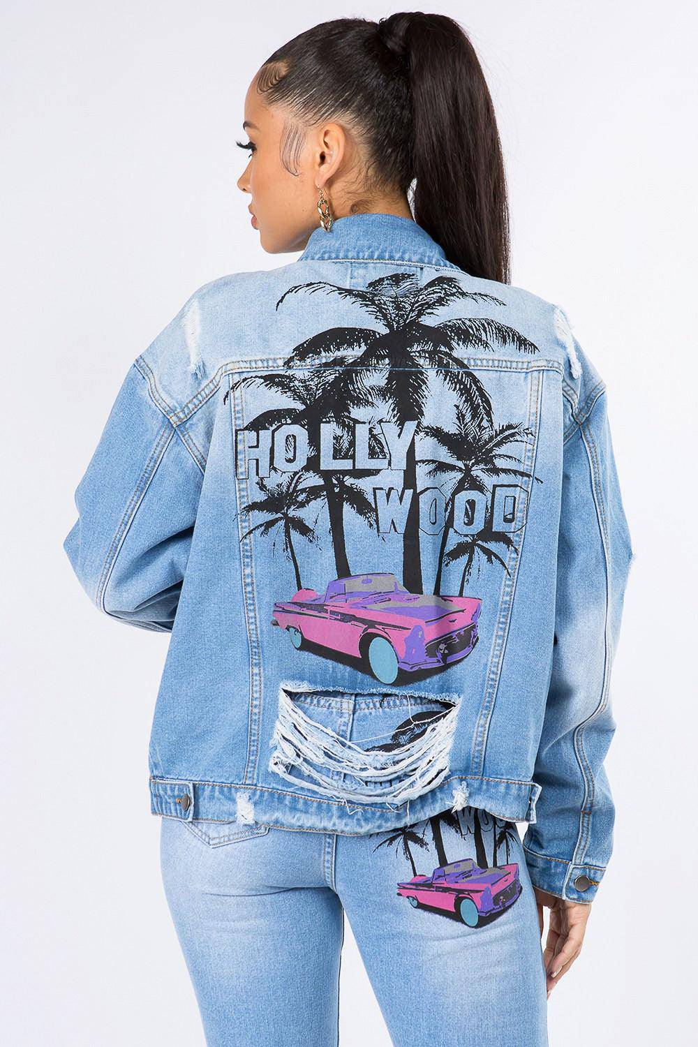 Hollywood Distressed Long Sleeve Denim Jacket - Dapper Deluxe Fashion