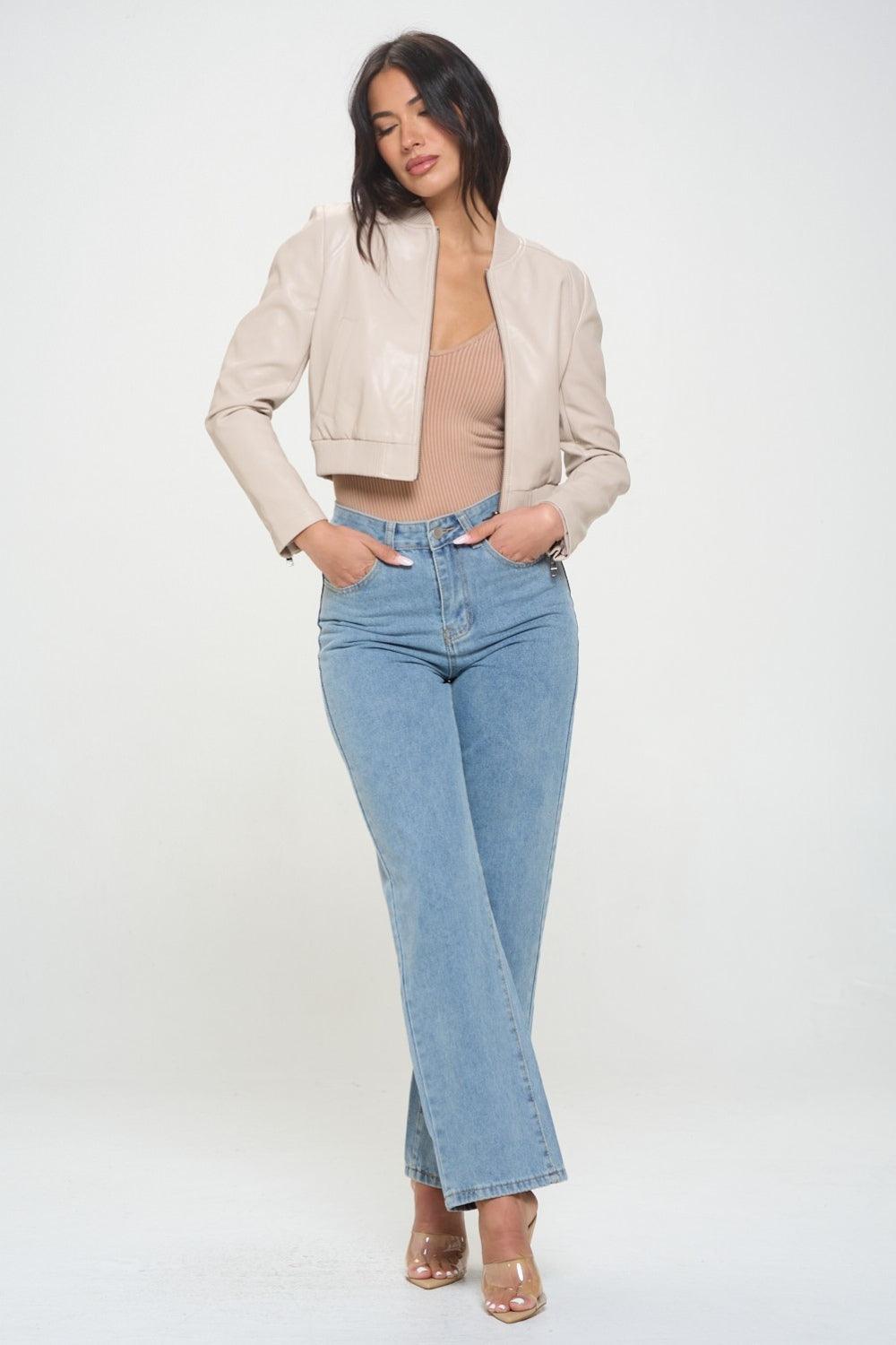 Ava Zip Up Cropped Bomber Jacket in Cream - Dapper Deluxe Fashion